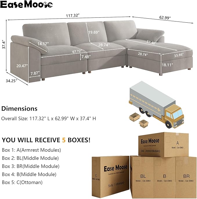 EASE MOOSE Oversized Modular Sectional Sofa, Modern Luxury Large L Shape Sectional Cloud Couch with Ottoman Sofa,Comfty Deep Grey Modular Sofa for Living Room