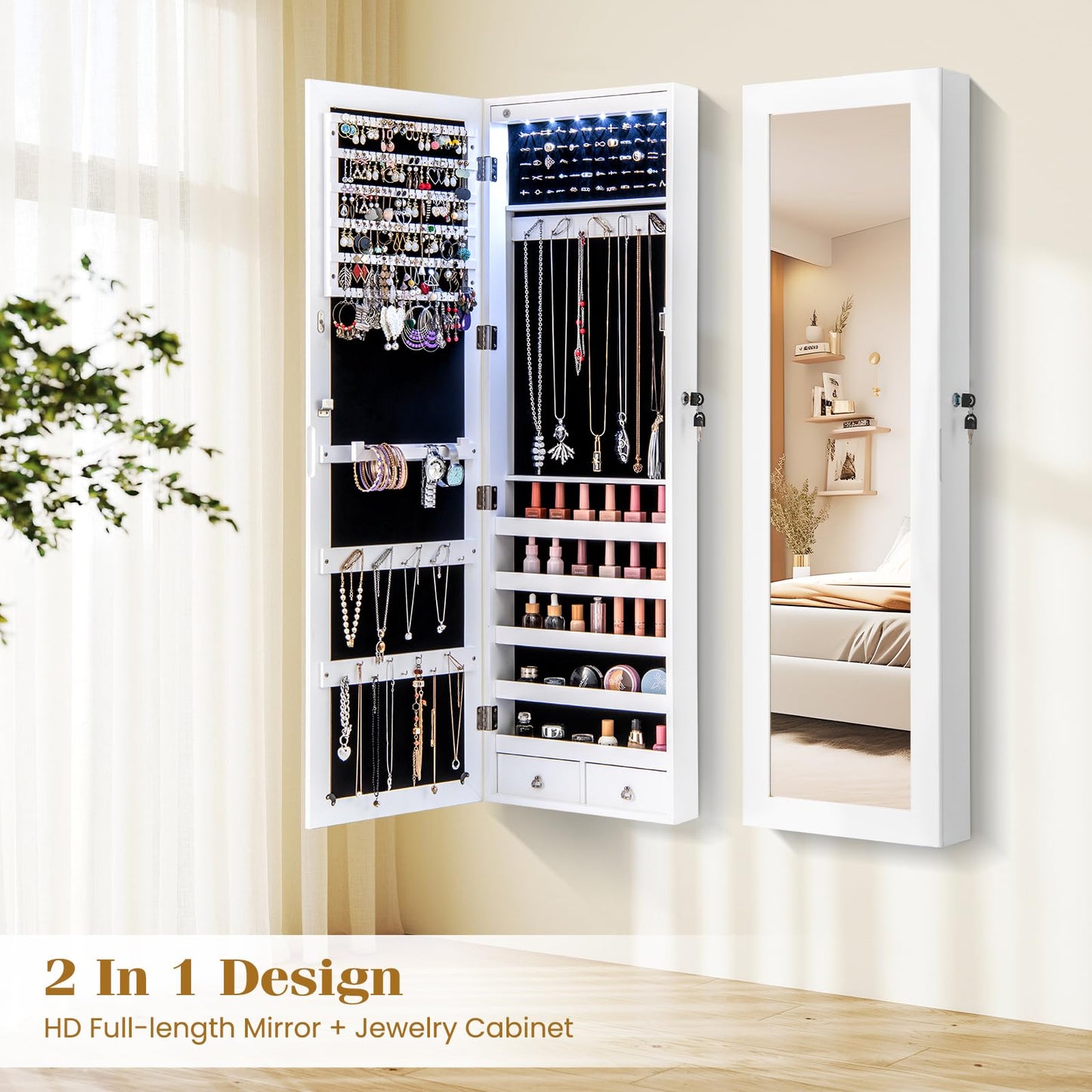 NAFORT 15 LEDs Full Length Mirror Jewelry Cabinet, Jewelry Armoire with Mirror 5 Shelves and 2 Drawers, Door/Wall Mounted Jewelry Mirror with Storage, Over the Door Jewelry Organizer