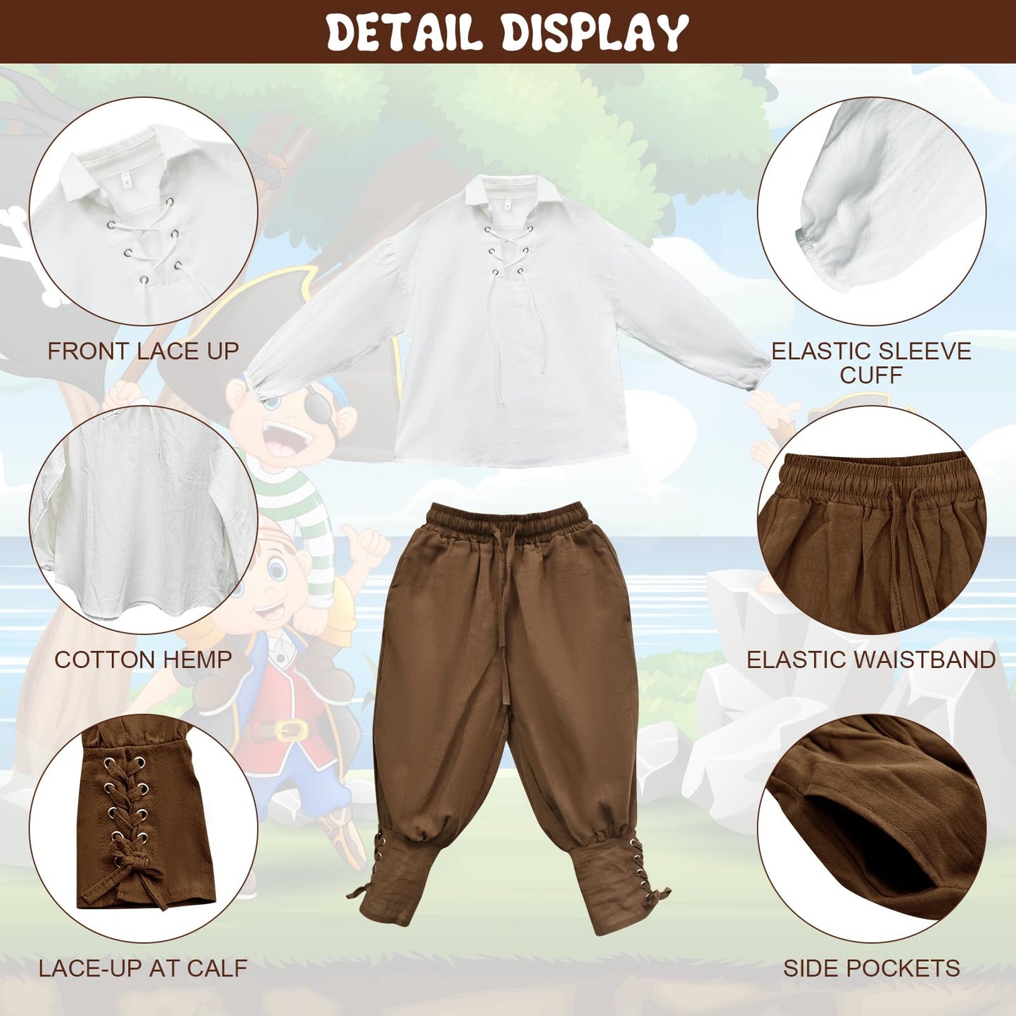 Prebene Boys Medieval Pirate Set Shirt & Ankle Pants Kids Renaissance Halloween Costume Scottish Jacobite Tops and Trousers (White+Brown, 10-12T)