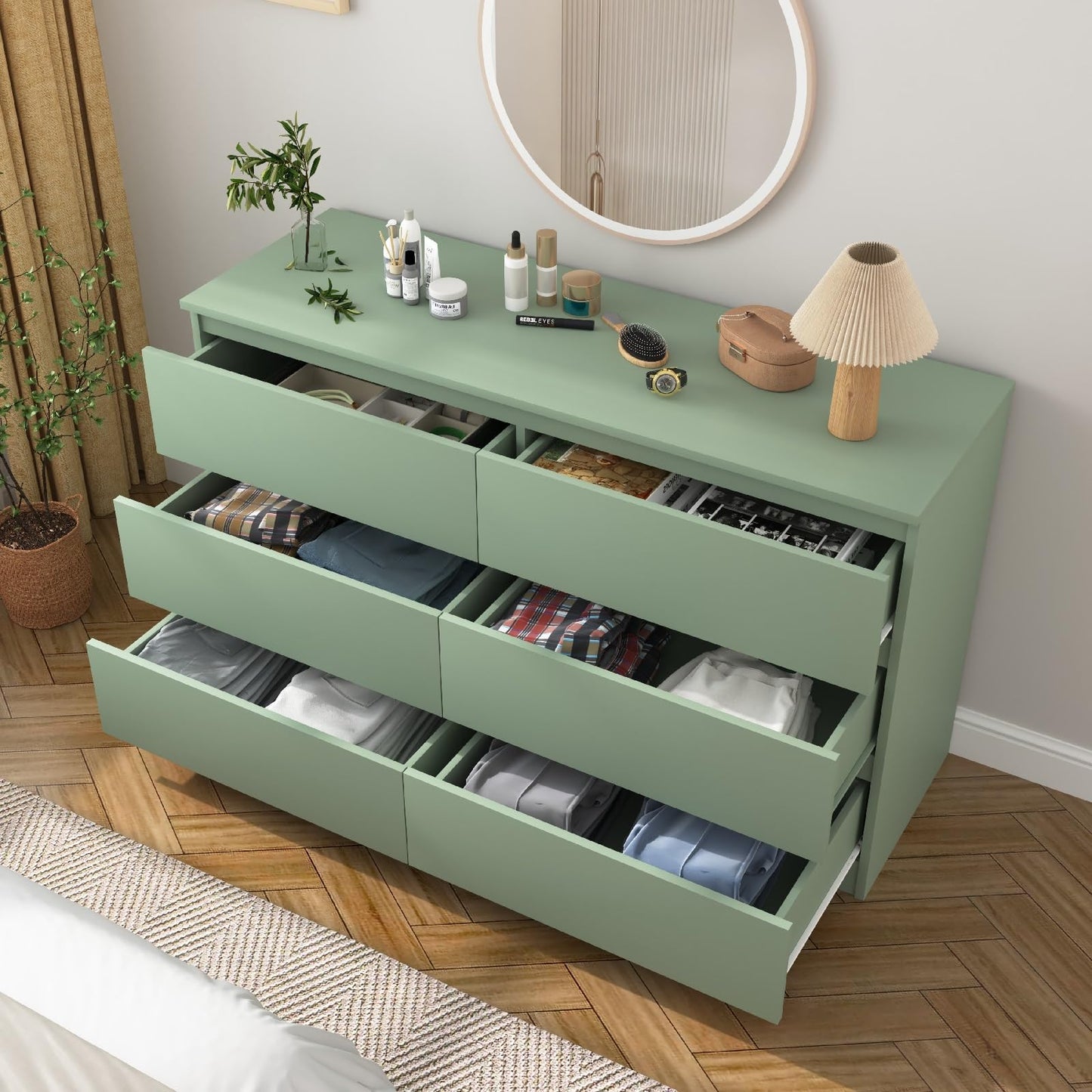 CIPACHO Green Dresser for Bedroom, Modern Large 6 Drawer Dresser with Deep Drawer,Wide Storage Chest of Drawers,TV Stand for Living Room