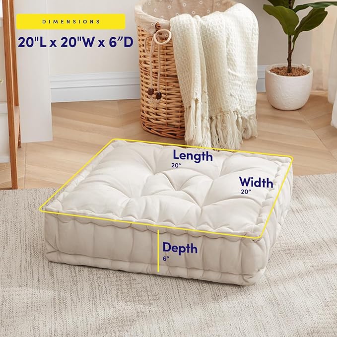 Floor Pillow Large Square Tufted Decorative Cushion 20" x 20" Faux Velvet Fabric Ultra Thick Fill for Kids and Adults, 1 Pack, Ivory