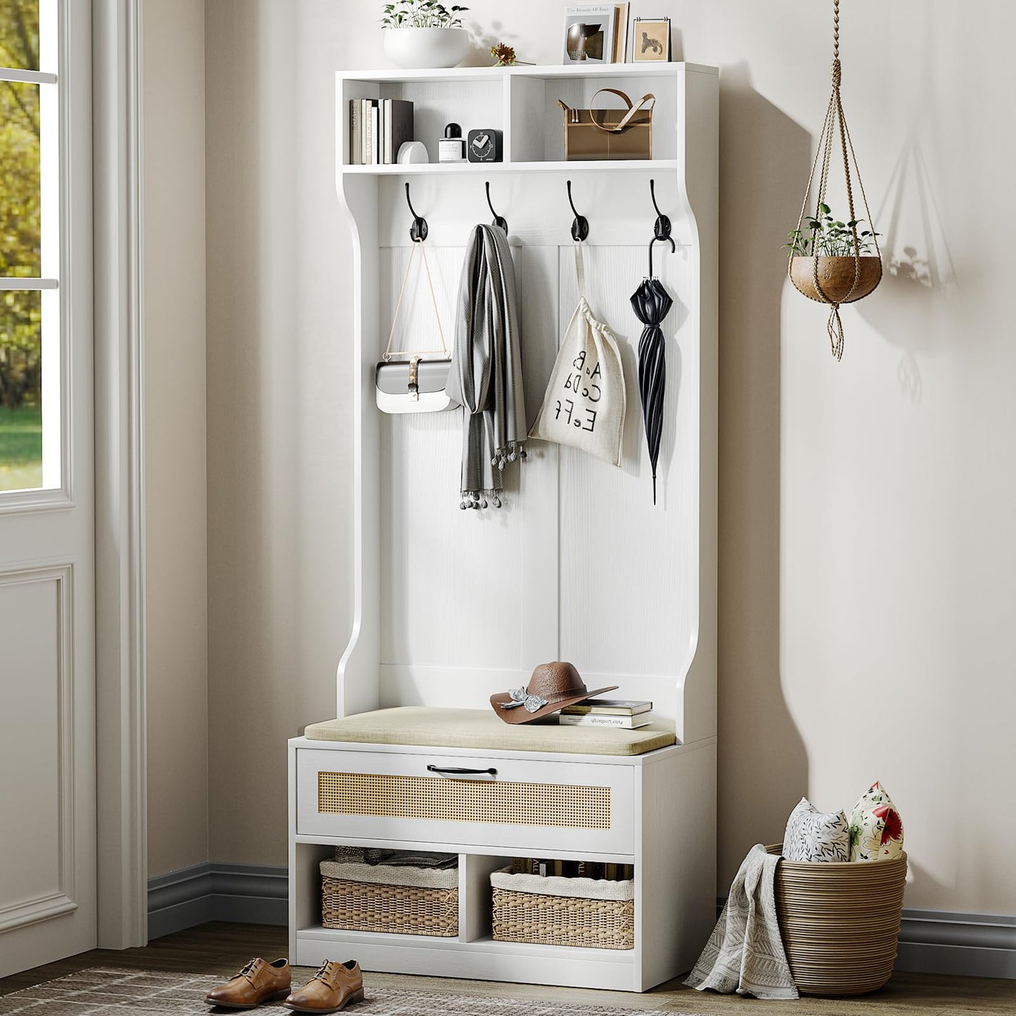 Skokliz Hall Tree with Bench & Shoe Storage - Entryway Coat Rack with 6 Compartments, 4 Hooks & Rattan Door, Soft Cushion Shoe Bench for Hallway, Living Room & Mudroom, White