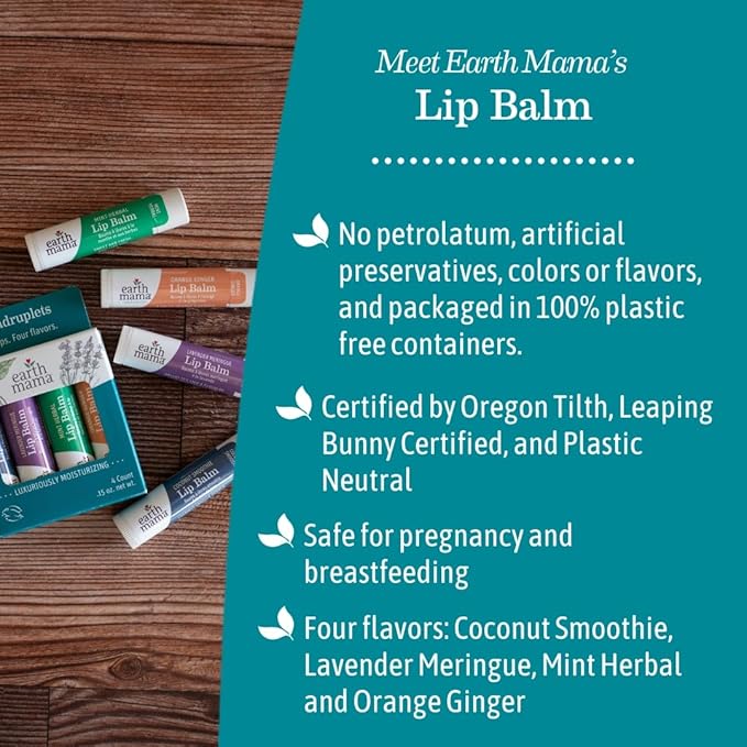 Earth Mama Lip Balm Set | Mint Herbal 4-Pack | Lip Moisturizer with Organic Shea Butter for Sensitive Skin