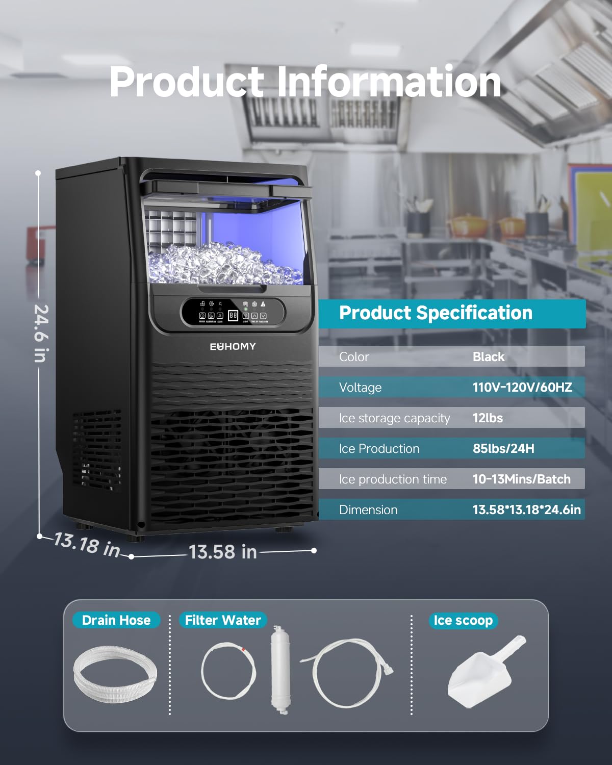 EUHOMY Commercial Ice Maker Machine,85lbs/24H,36 Ice Cubes in 8-12 Mins,Under Counter Ice Maker with Water Filter,12lbs Storage Capacity,Freestanding Ice Machine for Home/Bar/Cafe/Restaurant
