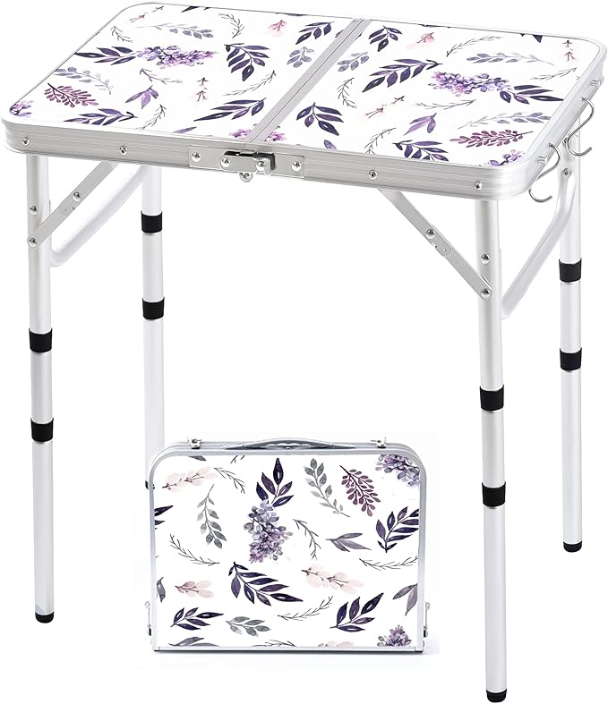 Yriuat Folding Camping Table 2ft Portable Pinic Table Adjustable Height Small Card Table Aluminum Foldable Lightweight wit...