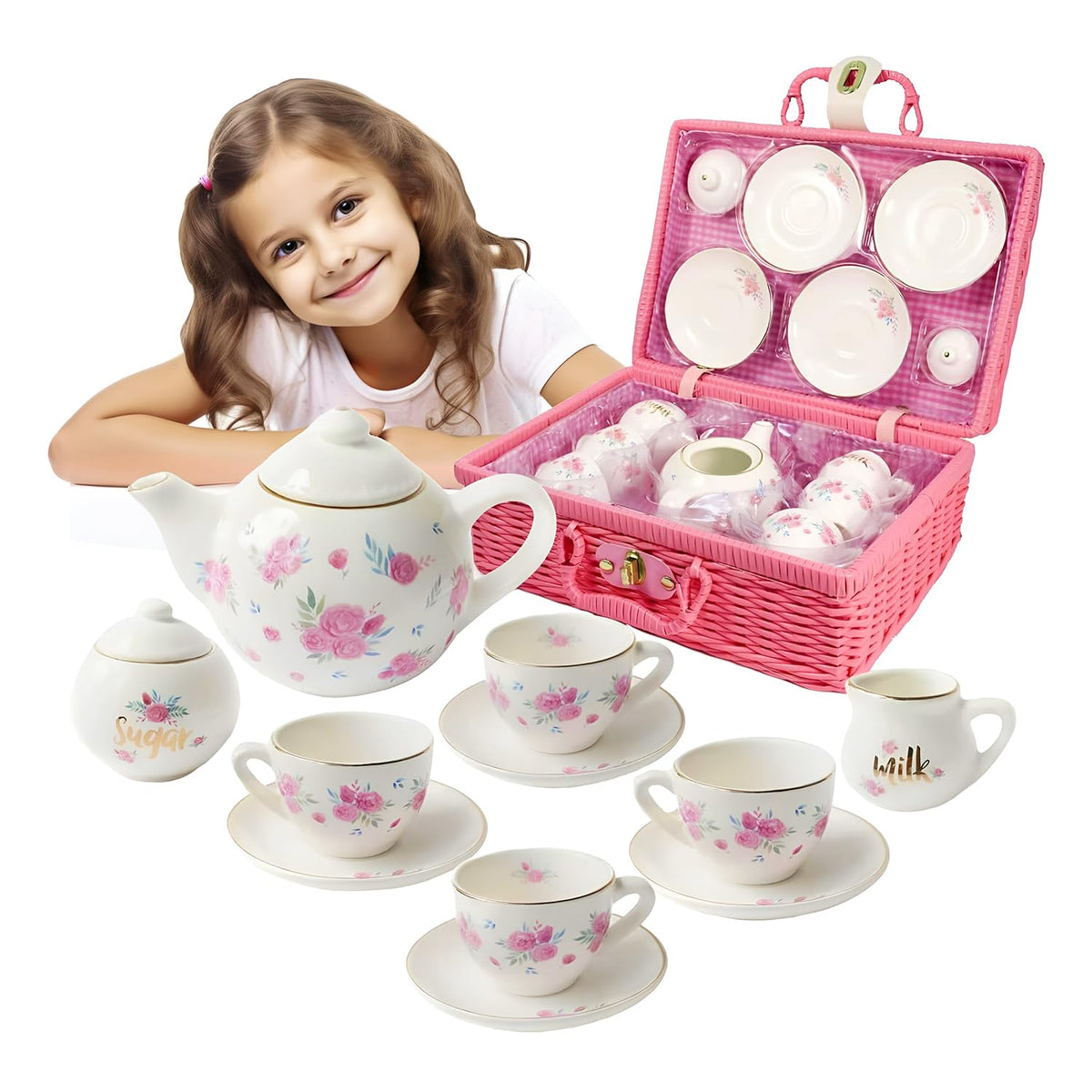 Porcelain Tea Set for Girls - Pink Ceramic Tea Cups with Pink Box - Glass Toy for Kids Party - Ideal Gift for Toddlers and Children's Ages 3 Years Old - Floral Design, 13 Pieces