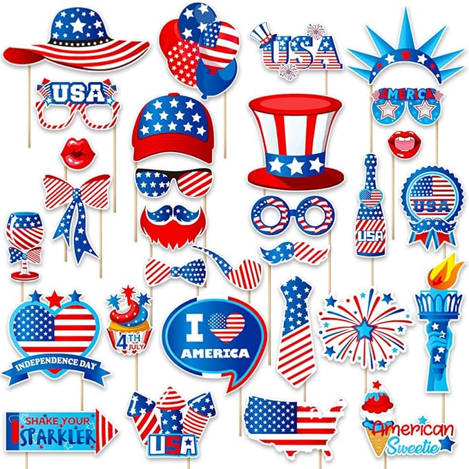 Independence Day Photo Booth Props with Sticks,4th of July Photo Booth Props,Patriotic Party Decorations (25CT)