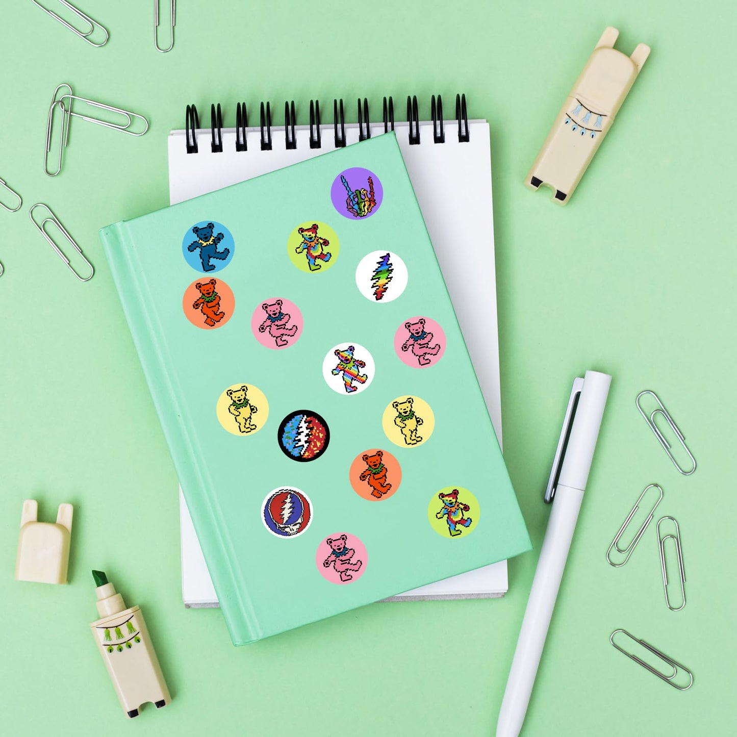 Babymiu Cute Pixel Dancing Bear Rock Dot Stickers Roll(1000 pcs) Rock Band Cartoon Sticker Decoration Decal Gifts Merch Party Supplies in 2 Rolls with 10 Patterns for Laptop Window Luggage Skateboard