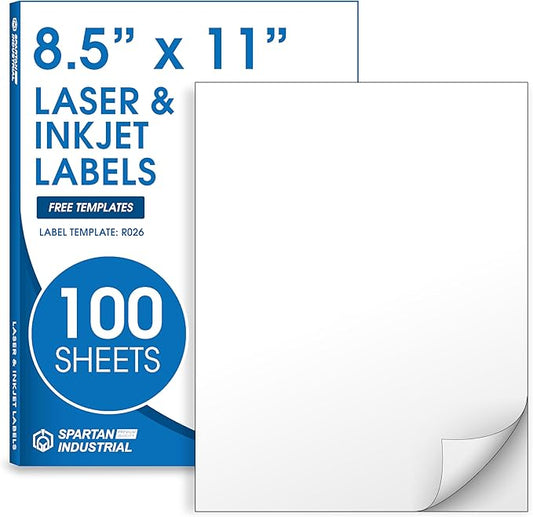 8.5" X 11" Full-Sheet Printable Labels for Inkjet and Laser Printers - 100 Sheets, 100 Custom Stickers for Shipping Labels, Mailing, Personalized Stickers for Crafts - Spartan Industrial Template R026