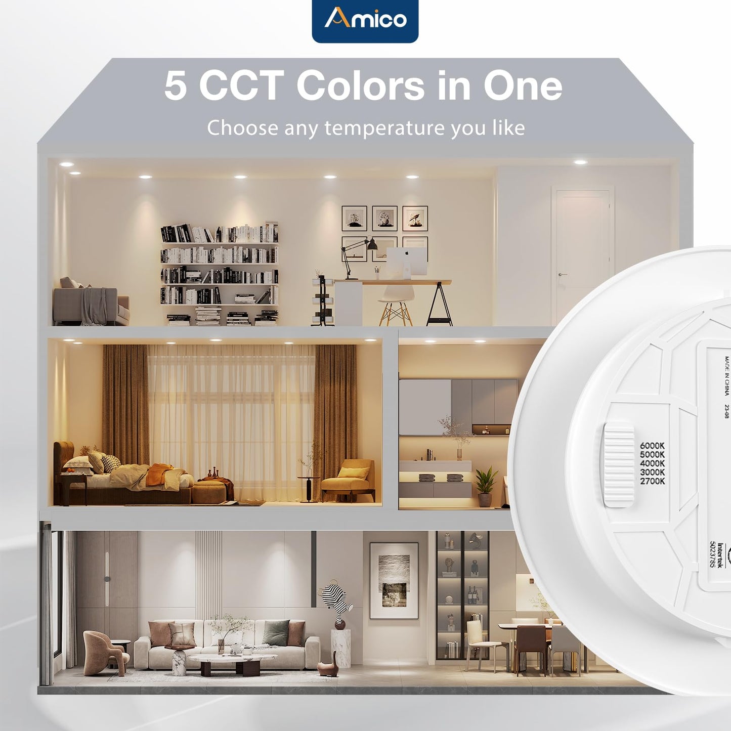 Amico Recessed Lighting 5/6 Inch, 4 Pack 5CCT Flat LED Can Lights, 2700K/3000K/4000K/5000K/6000K Selectable,12W Eqv 120W, 1050LM Brightness, Retrofit Installation - ETL & FCC