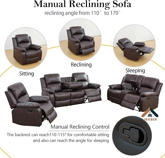 JBXBER Manual Recliner Sofa Set for Living Room, Leather Reclining Sofa Sets, Faux Leather Couch Set with Cup Holders, Drop-Down Table and Storage Console(3 Piece Set,Brown)