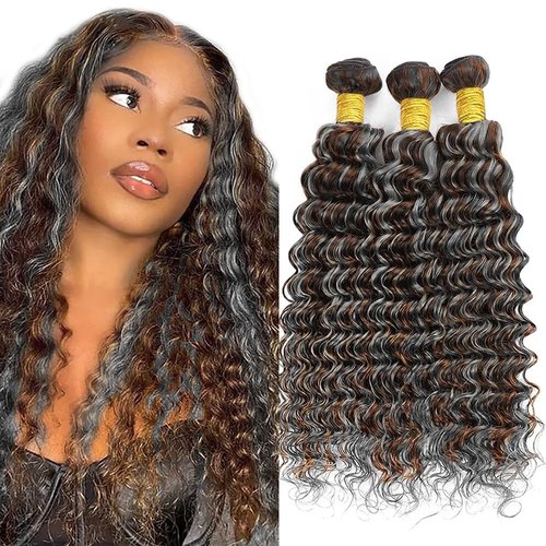Giginger Bundles Human Hair P4/GREY 18 20 22 inch Deep Wave Human Hair Bundles Highlight Chocolate Grey Unprocessed Quick Weave Soft Sewn In Hair Extensions for Black Women