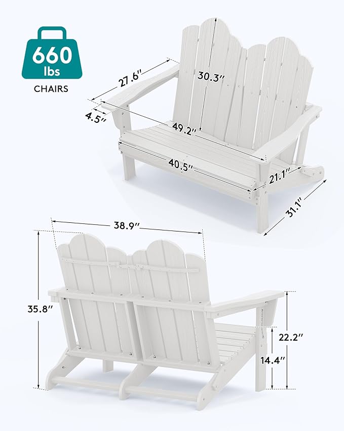 SERWALL Folding Adirondack Bench Set of 2, HDPE All-Weather Adirondack Loveseat, Folding Outdoor Bench, Whire