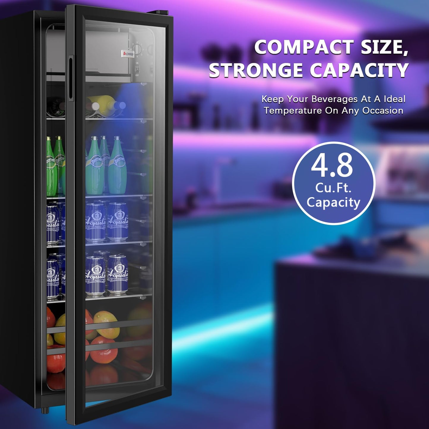 Zyerch Beverage Refrigerator, 180 Can Freestanding Mini Fridge with Glass Door for Soda Beer Wine, Small Drink Dispenser with Adjustable Temperature Control for Home, Office, Black
