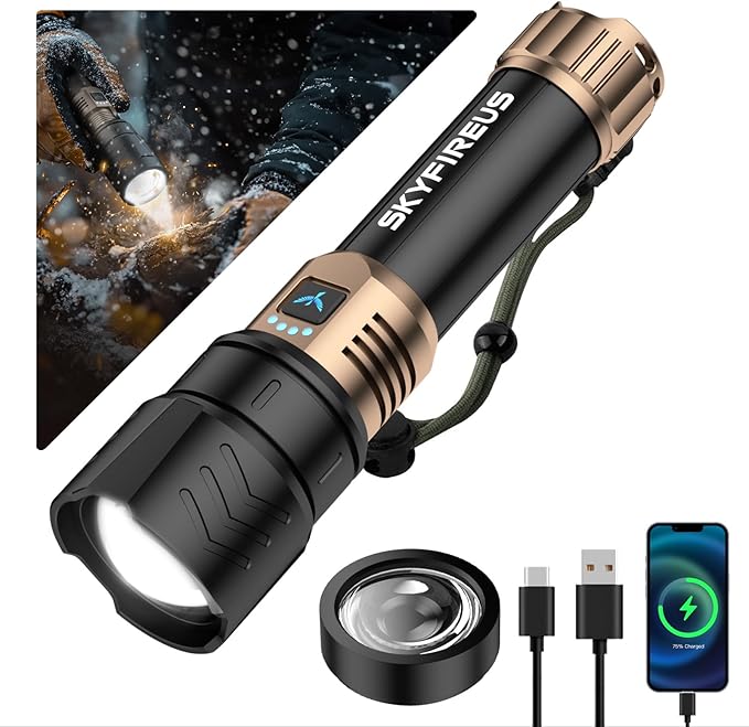 SKYFIRE LED Flashlights High Lumens with Ignition Lens,2000lm Super Bright Rechargeable Flashlight, Zoomable,Four Modes,Wa...
