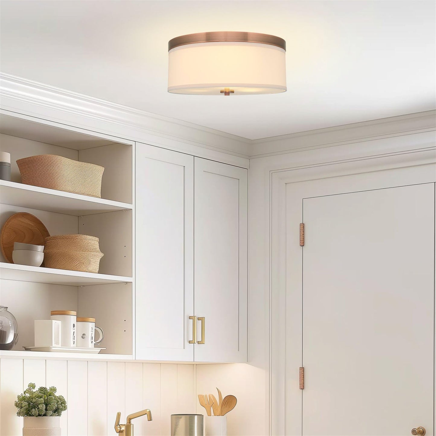 Kira Home Walker 15" Mid-Century Modern 3-Light Flush Mount Ceiling Light, Cream Fabric Shade + Round Glass Diffuser, Copper Bronze Finish
