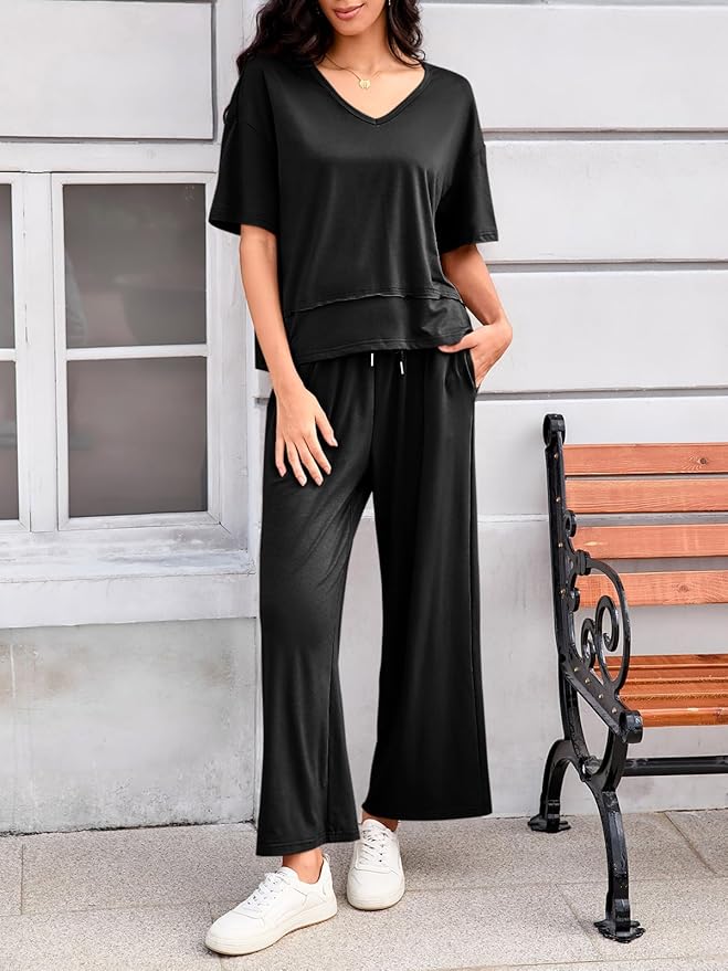 Tankaneo Womens 2 Piece Sets Casual Tracksuits Short Sleeve Tops Wide Leg Pants Outfits Lounge Sets