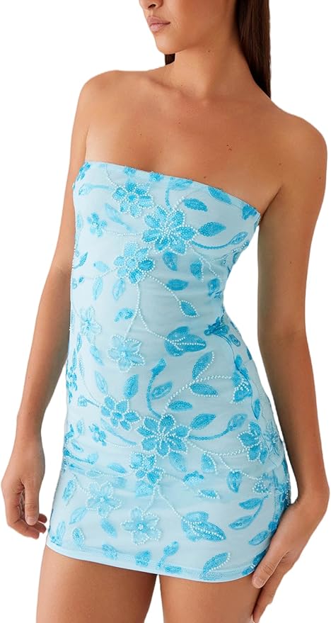 Women Beaded Sequin Mini Dress Y2k Floral Backless Short Sparkly Dresses Glitter Rhinestone Club Disco Dress Outfit