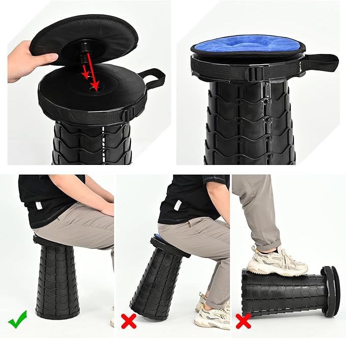 FXKS 2 Pack Upgraded Collapsible Stool Folding Stool with Cushion,Retractable Folding Stool Max Load Capacity 400lbs, Portable Telescoping Stools for Camping Hiking Outdoor BBQ -Black