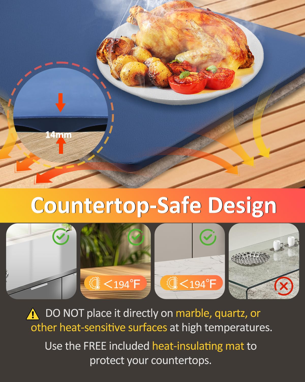 Lucidora Food Warming Mat, Electric Rollable Food Warmer 10 Levels Temperature & 10-Hour Timer Large Warming Tray with Child Lock for Parties & Buffet, Extra-Long 6.5ft Cord, Navy Blue