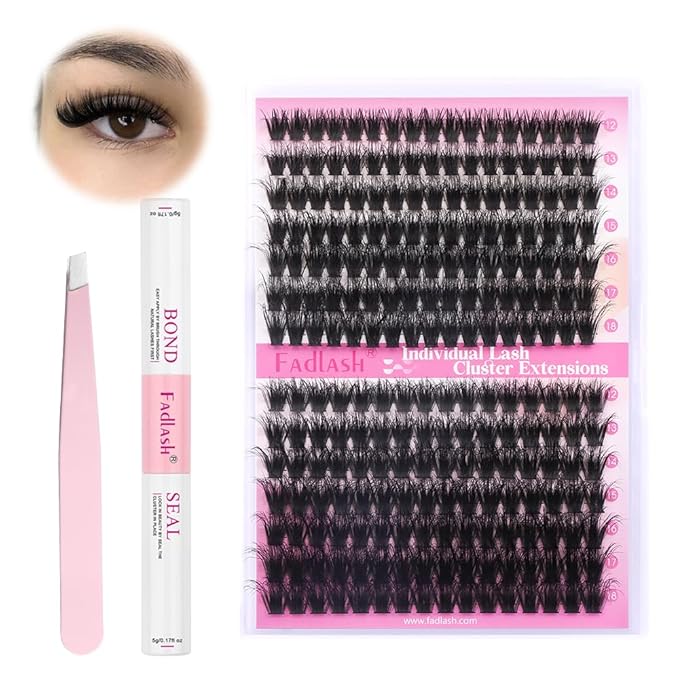 FADLASH Lash Extension Kit 80D+100D 280Pcs Lash Clusters D Curl DIY Eyelash Extension Kit with Lash Bond and Seal Lash Applicator 3D Effect Lash Cluster Kit fluffy (80D+100D Kit, Mix 12-18mm)