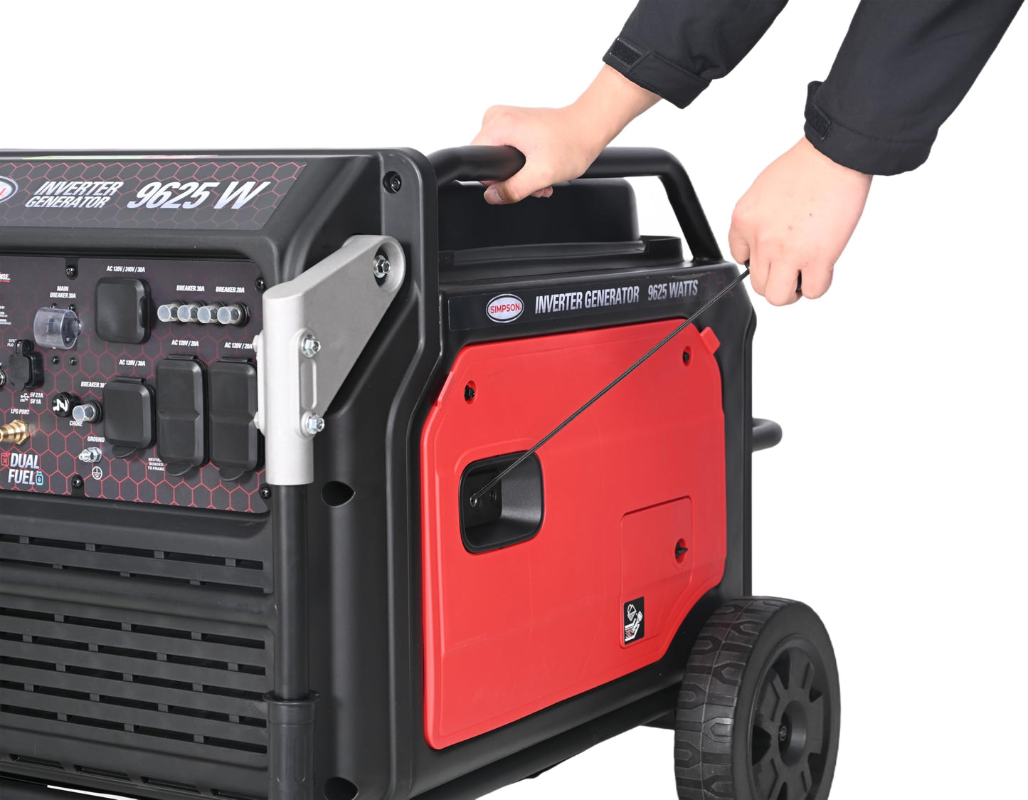 Simpson 9625 Watt Inverter Generator, Quiet Portable Inverter Dual Fuel Generator with Wheels, 2 GFCI Outlets, 2 USB Ports, 1 30A RV Outlet, 7700 Running Watts, Parallel Capable, CO Sensor (SGS7796)