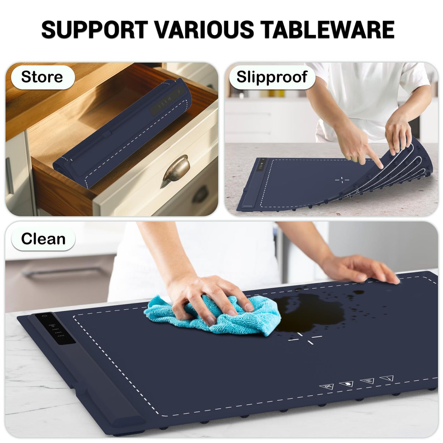 Electric Warming Tray - 3 Modes &Full Surface Heating,Rollable & Portable,Premium Silicone Nano-Material,3 Temperature Settings,Auto Shut-Off -Versatile Food Warmer for Gatherings,Parties (Dark Blue)