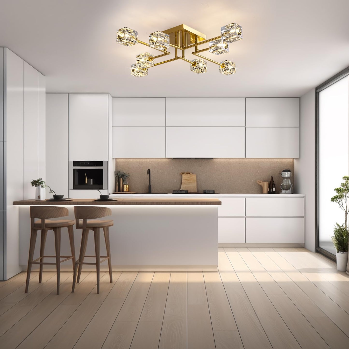 OKES Modern Crystal Ceiling Light,Semi Flush Mount Ceiling Light Fixture with 8-Lights,Gold Sputnik Chandeliers for Bedroom,Dining Room,Farmhouse Kitchen,Office,Living Room