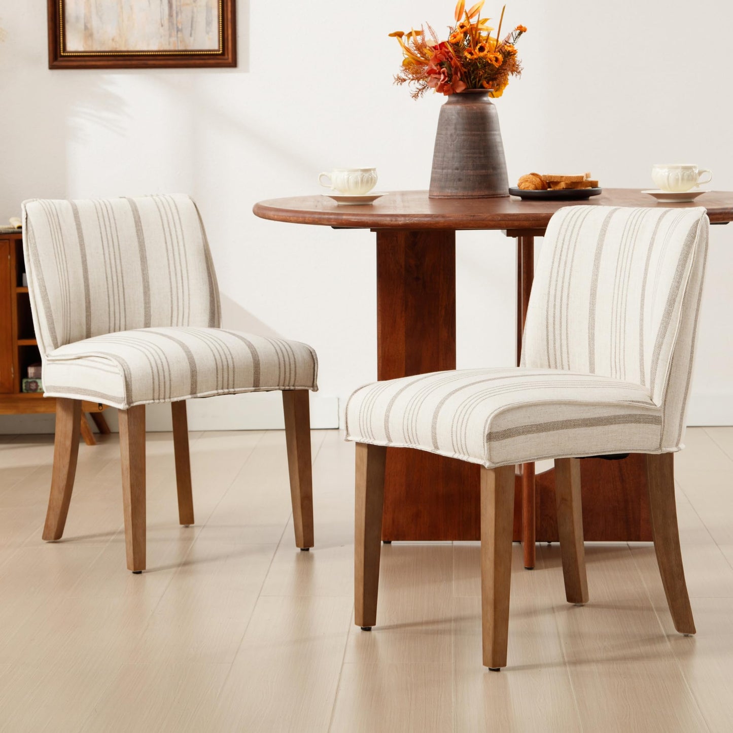 DM Furniture Rustic Dining Chairs Set of 2 Upholstered Kitchen Chairs Solid Wood Armless Dining Room Chairs for Home Kitchen/Restaurant, Khaki Stripe
