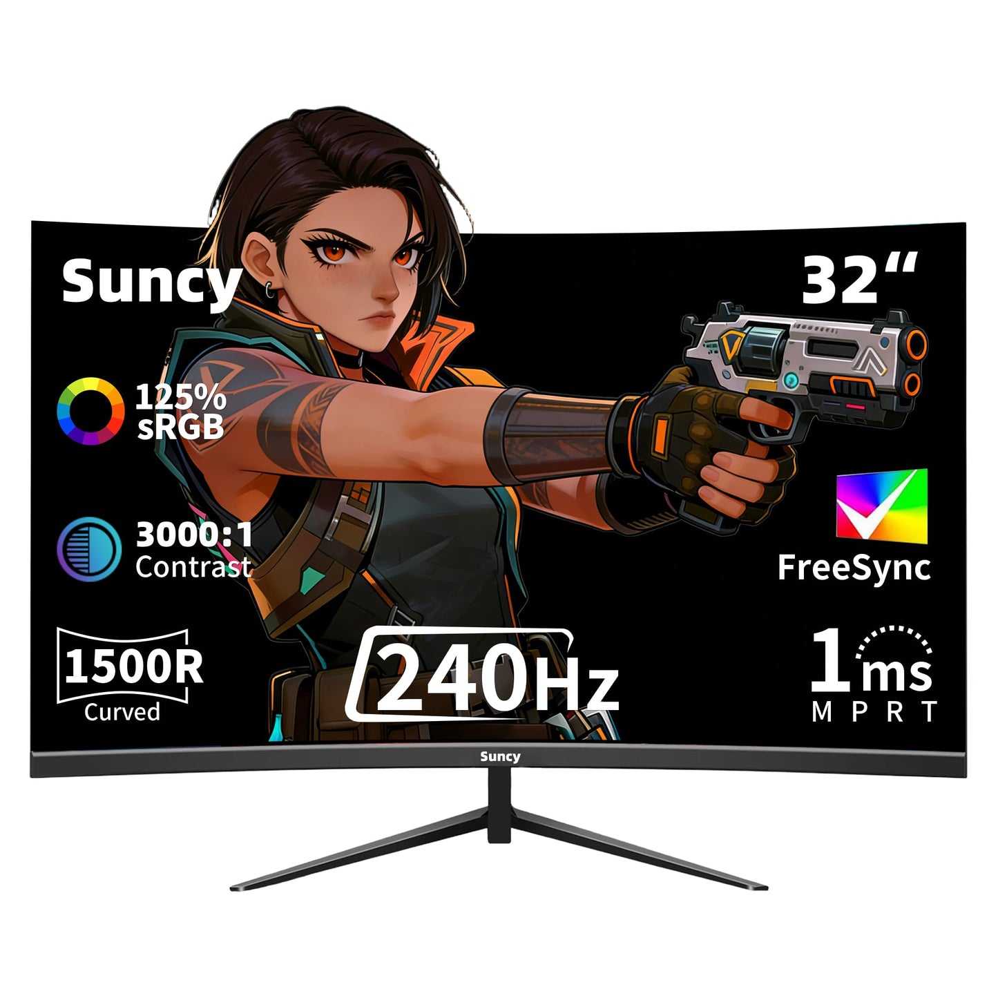Suncy 32 Inch Curved 1k 240Hz Gaming Monitor High Refresh Rate, FHD 1080P Gaming PC Monitor HDMI DP1.4, Curved 1500R, HDR,Metal Stand,VESA Compatible.