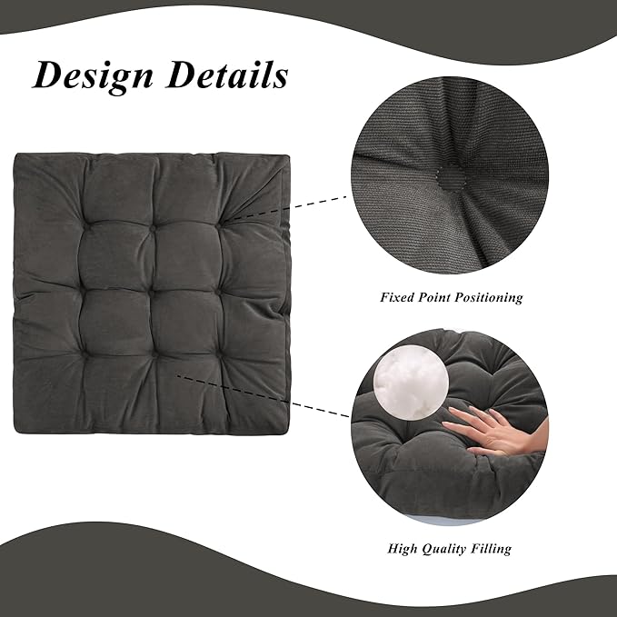 FlyGulls Meditation Floor Pillow 22×22 Inch 2 Pack Large Floor Cushions for Adults Square Tufted Corduroy Floor Pillows for Yoga Living Tatami Room Dark Grey