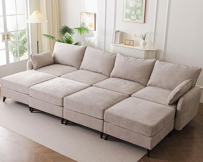 Rexulqo 135'' Modular Sectional Sofa with All Seats Storage, Oversized Sleeper Sofa Bed for Living Room,4-Seater Comfy Cloud Couches with Movable Ottoman,Big Sectional for Bedroom,Velet,Khaki