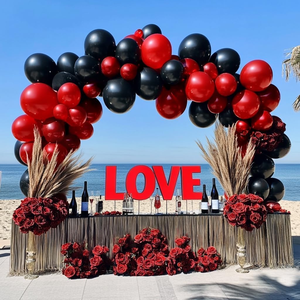 Black Red Balloon Garland Double Stuffed Burgundy Black Balloons Maroon Ruby Red Balloon Arch for Birthday Wedding Halloween Graduation Love Christmas Party Decorations