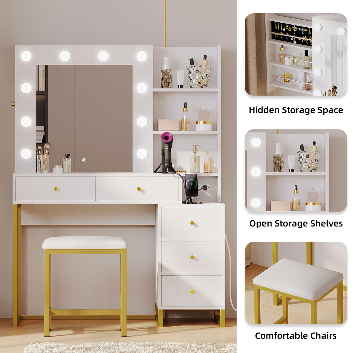 YITAHOME Makeup Vanity Desk with Mirror & Power Outlet, Hollywood Vanity Set with Hidden Jewelry Storage, 5 Drawers and Lots Shelves, Adjustable 3 Lighting Colors, Dressing Table with Stool, White