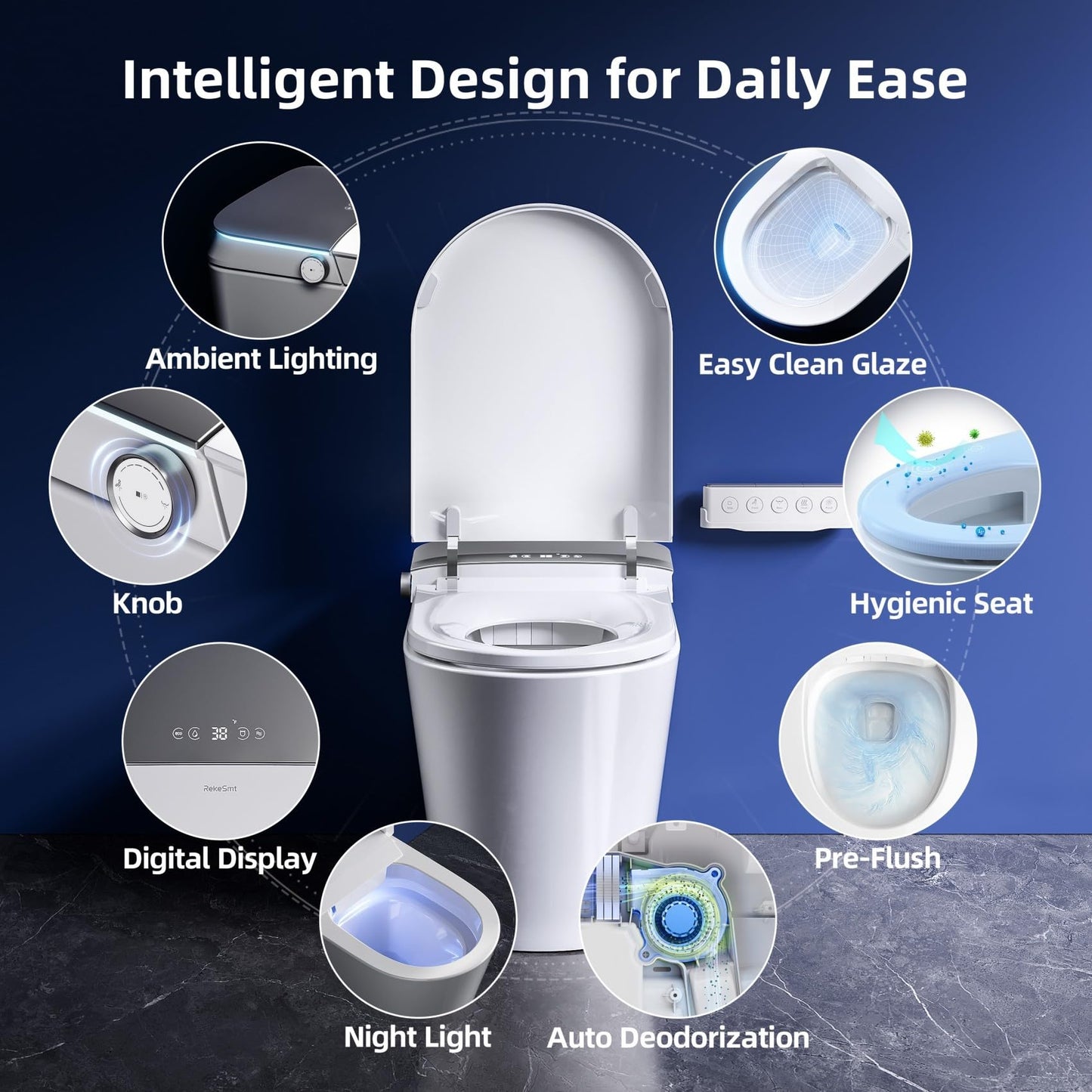 RekeSmt Smart Toilet with Bidet, ADA Comfort Height, UV-C Light, Foam Shield, Auto Open Close & Men's Urinal Auto Flush, 12" Rough-in One Piece Bidet Toilet with Tank, RKS-X700 MAX