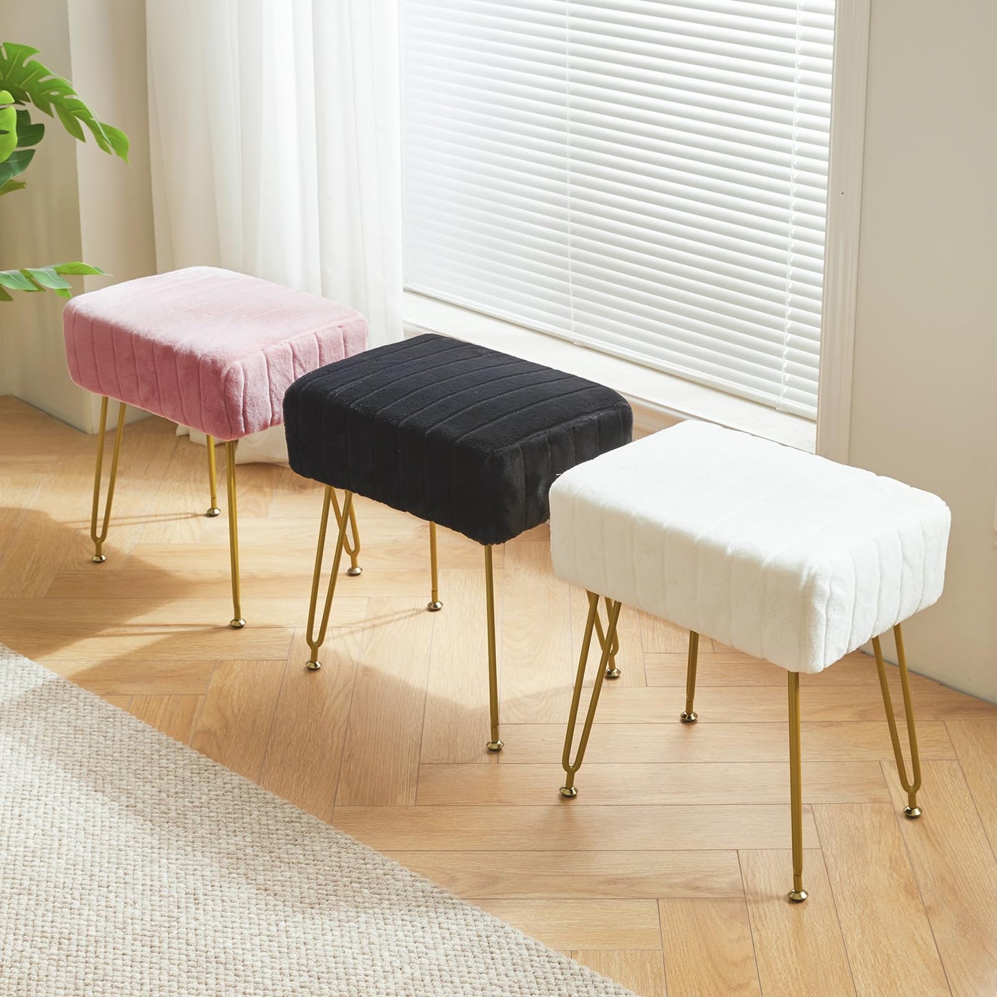 IBUYKE Velvet Rectangular Footrest Ottoman, Makeup Vanity Stool Side Table, Dressing Table Seat, Pouf Couch Stool, Golden Steel Legs, Black LG-51B
