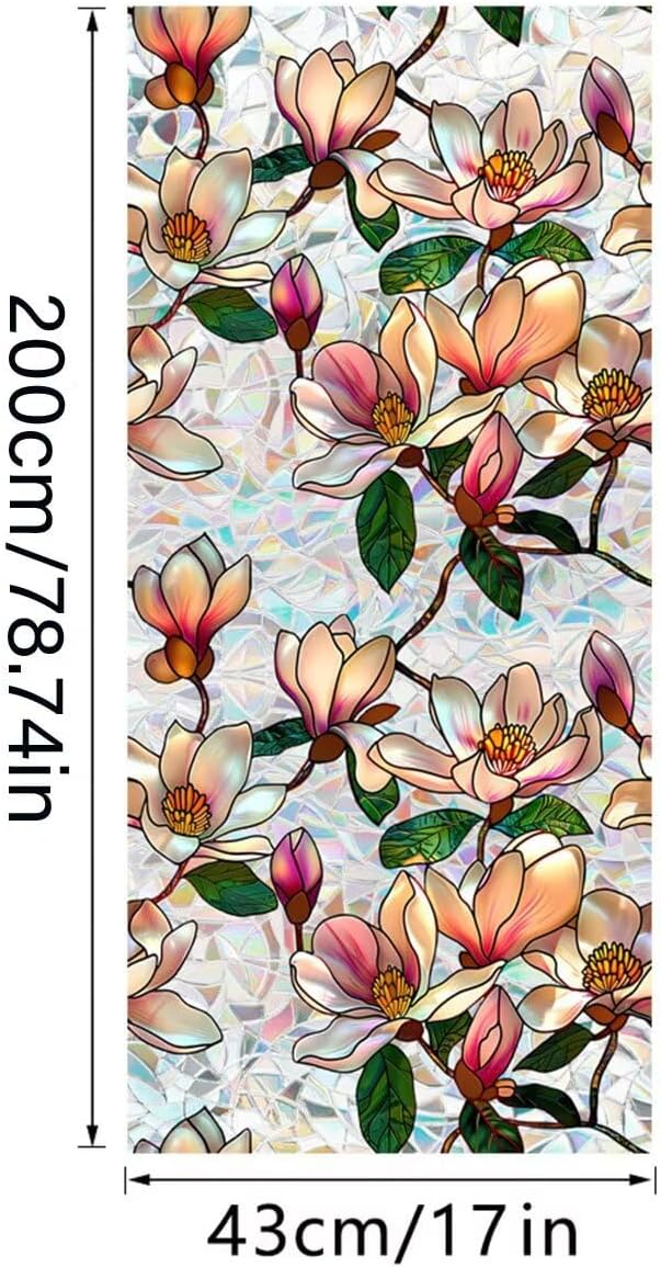 Floral Stained Glass Window Film, Static Cling Rainbow Privacy Film Sun Blocking, Removable Window Films for Bathroom Bedroom Living Room Sunroof, 17 x 78.74 Inch