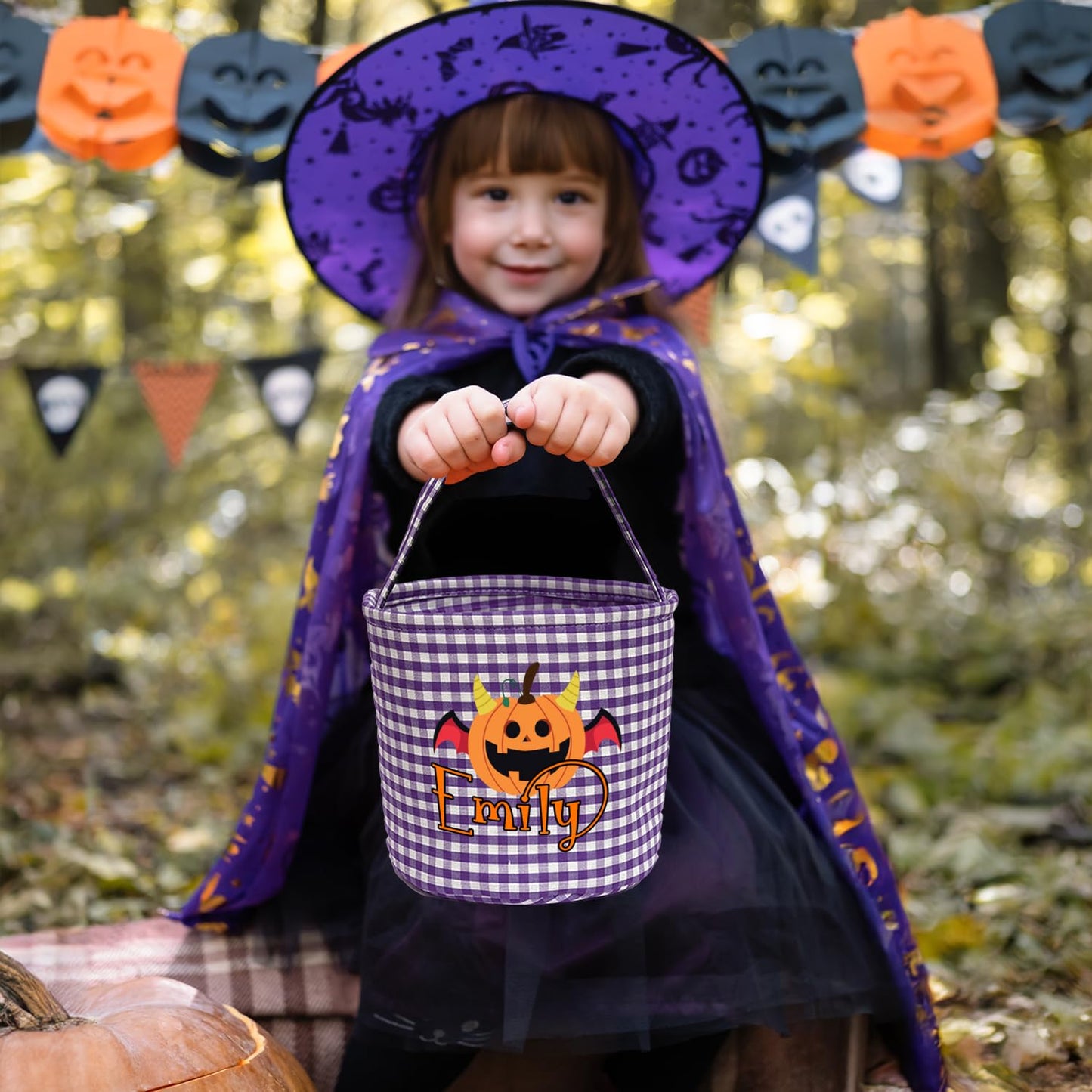 Magic Lunar Personalized Halloween Trick or Treat Bag with Name, Custom Candy Basket, Costume Ghost Bat Pumpkin Bucket, Gift Goodie Bags for Kids