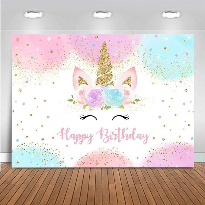 Mocsicka Unicorn Birthday Decorations Backdrop for Girls Party 6x4ft Pastel Rainbow Glitter Stars Dots Happy Birthday Bann...