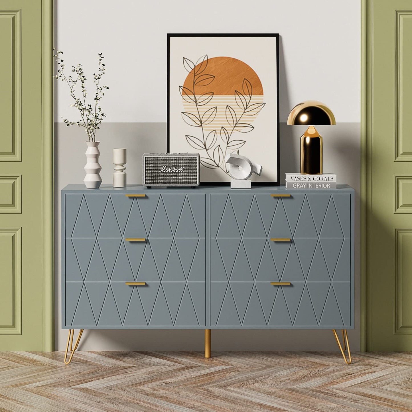 UEV Large Blue 6 Drawer Dresser,Modern Dresser Chest with Wide Drawers and Metal Handles,Wood Storage Chest of Drawers for Bedroom,Hallway,Entryway (Blue, Large 6 Drawer)