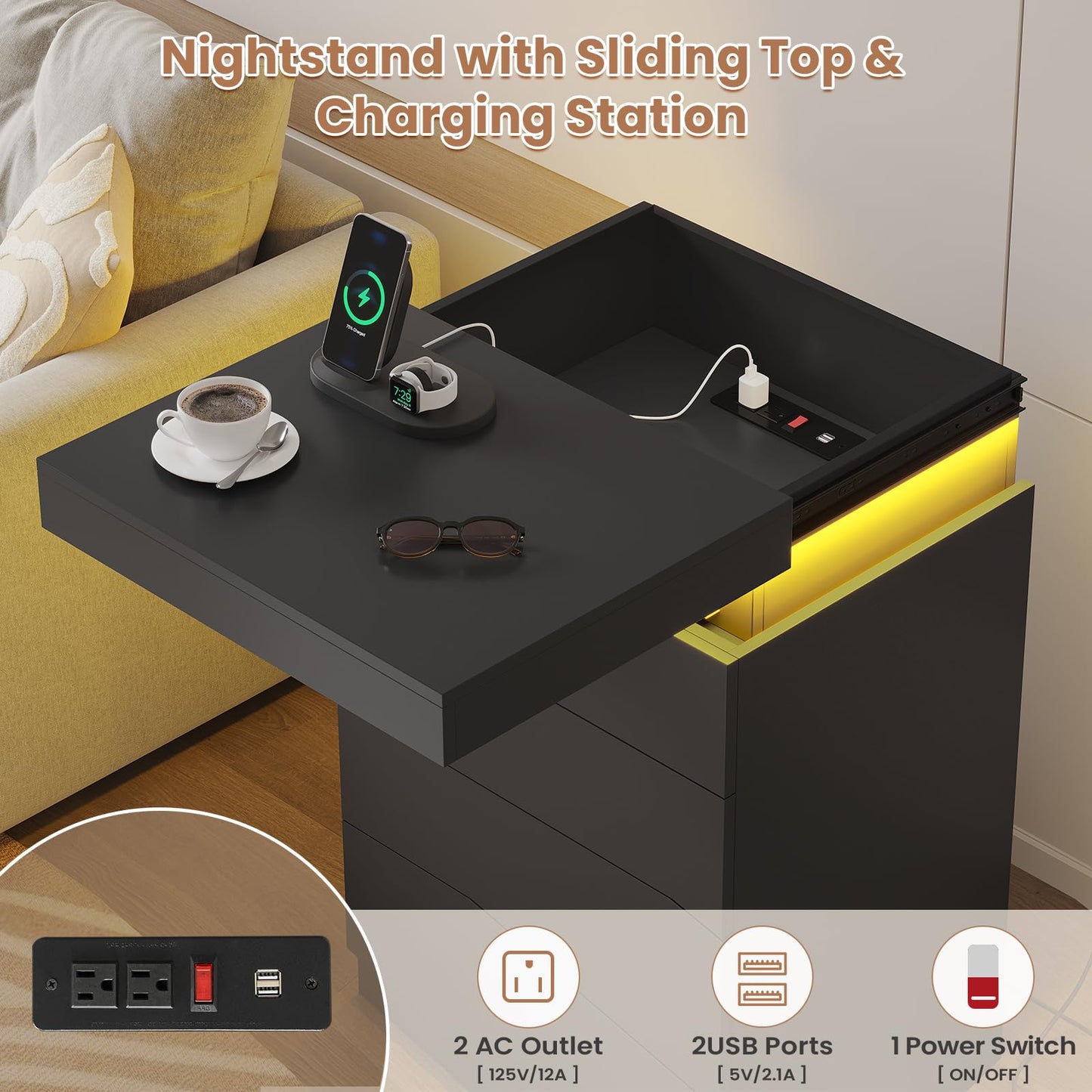 ADORNEVE Black Night Stand Set of 2,Tall Nightstand with Charging Station & LED Light & Sliding Top,Bedside Table with Drawers,Modern Bed Side Tables Bedroom