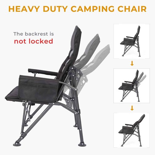 Camping Chairs for Adults, Adjustable Backrest Heavy Duty Oversized Folding Camping Chair Supports 350lbs for Outside with Cup Holder&Side Pocket, Outdoor Folding Camp Chair with High Back (Black)