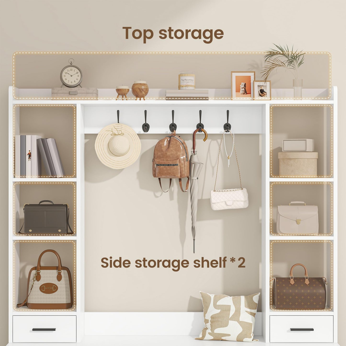 Nosepen 61.6" H White Hall Tree with Bench and Shoe Storage, 6-in-1 Multi-Functional Entryway Bench with 2 Drawers, 5 Coat Racks, Shoe Rack with 13 Shoe Cubbies, Entryway Storage Organizer, White