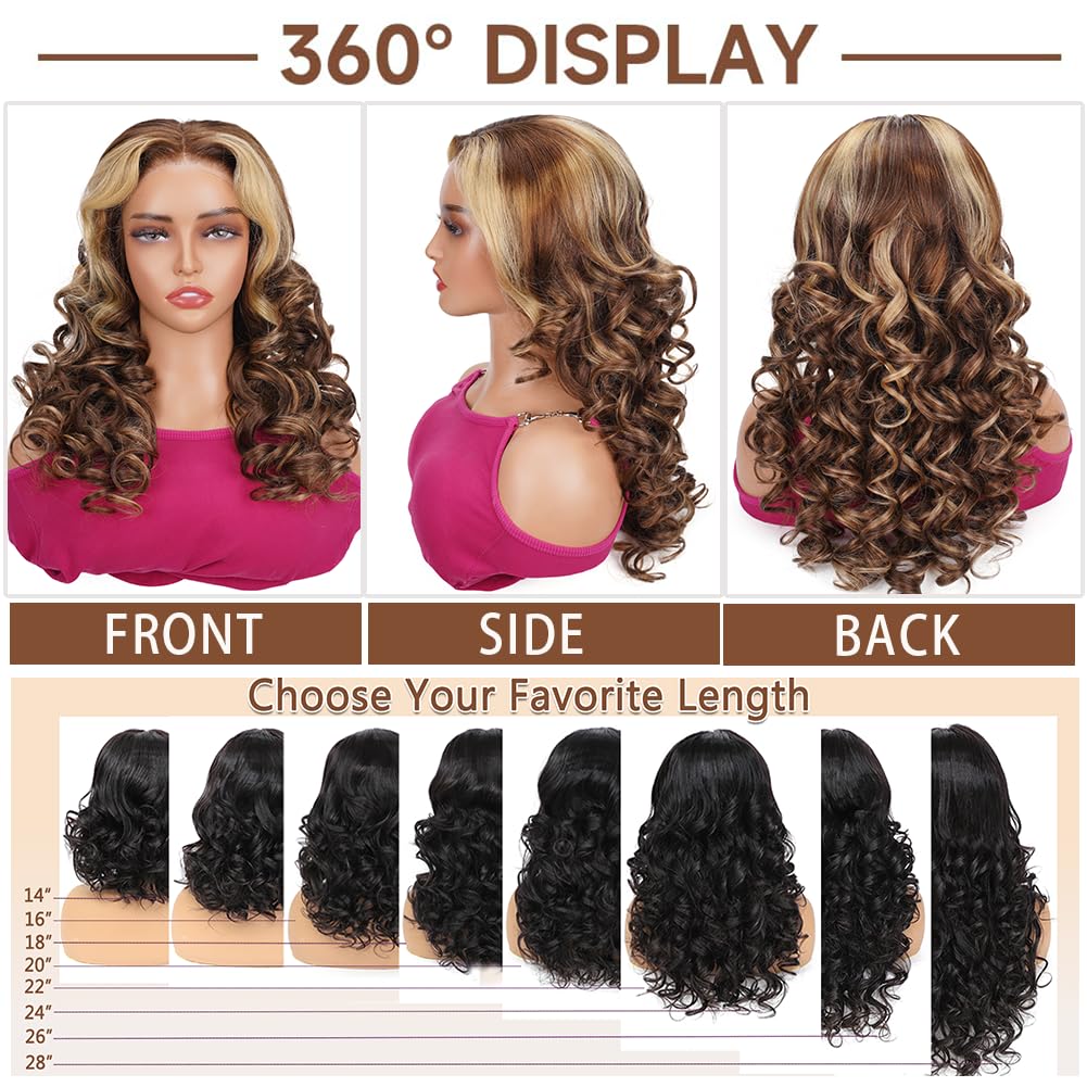 Highlight Ombre 5x5 Pre Plucked Pre Cut Lace Front Wigs Human Hair 4/27 Colored Bouncy Body Wave Lace Frontal Wig Honey Blonde O