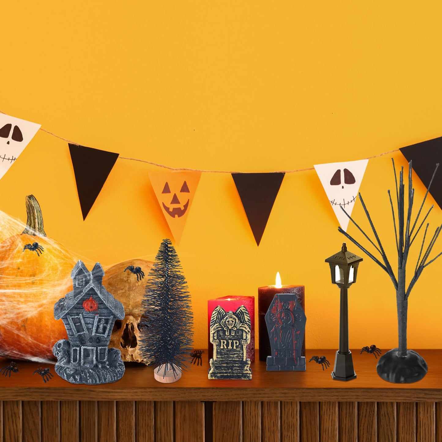 Colingmill 56 Pcs Halloween Village Accessories Set Halloween Haunted House Village Set Miniature Tombstones Tree Fake Spiders Fence Streetlamp Figurines for Home Table Party Decor