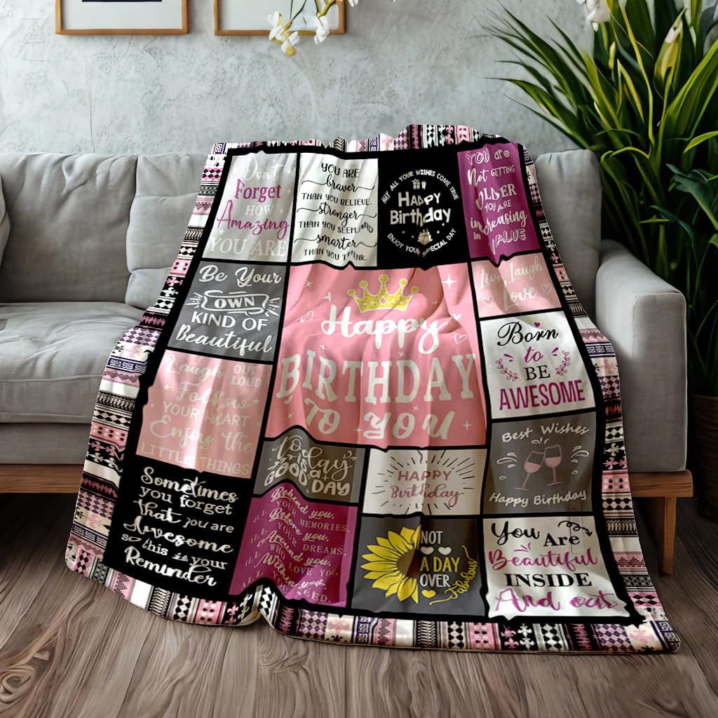 Keveloya Birthday Gifts for Women Girls Throw Blanket 60"X50", Happy Birthday Decorations Blanket, Unique Happy Birthday for Women, Womens Birthday Gift Ideas for Her Friend Mom Sister Grandma Wife
