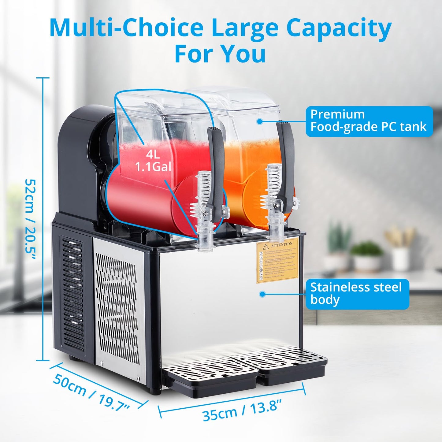 Garvee 4L×2 Dual-Tank Commercial Slushie Machine, 370W Commercial Grade, Self-Cleaning Stainless Steel, Simultaneous Two-Flavor Operation, Perfect for High-Volume Use in Cafes & Bars, Black