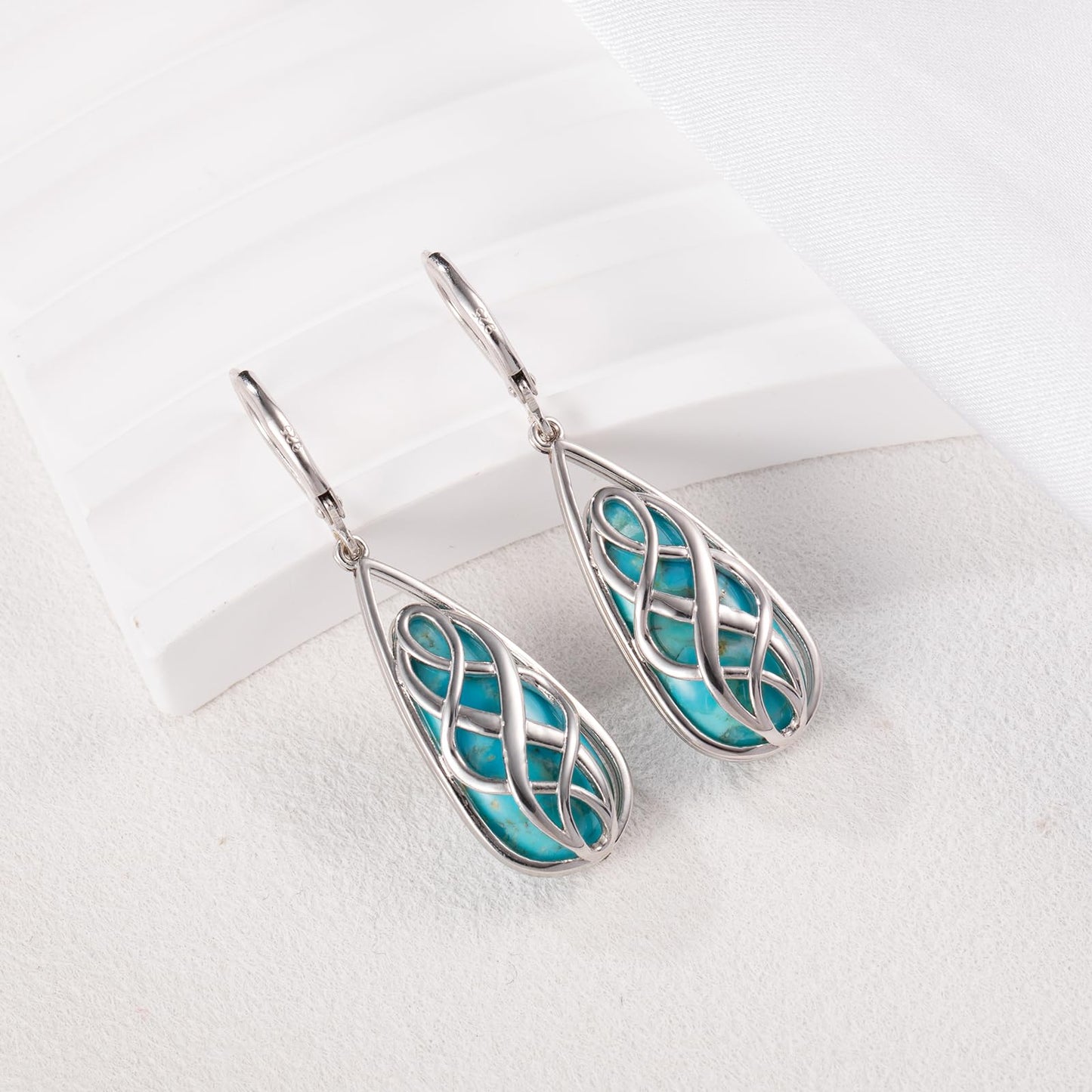 Phyonio Turquoise Earrings for Women, Turquoise Jewelry for Women S925 Sterling Silver Dangle Teardrop Earrings Celtic Design, Boho Jewelry Gift for Friend Lover Mother