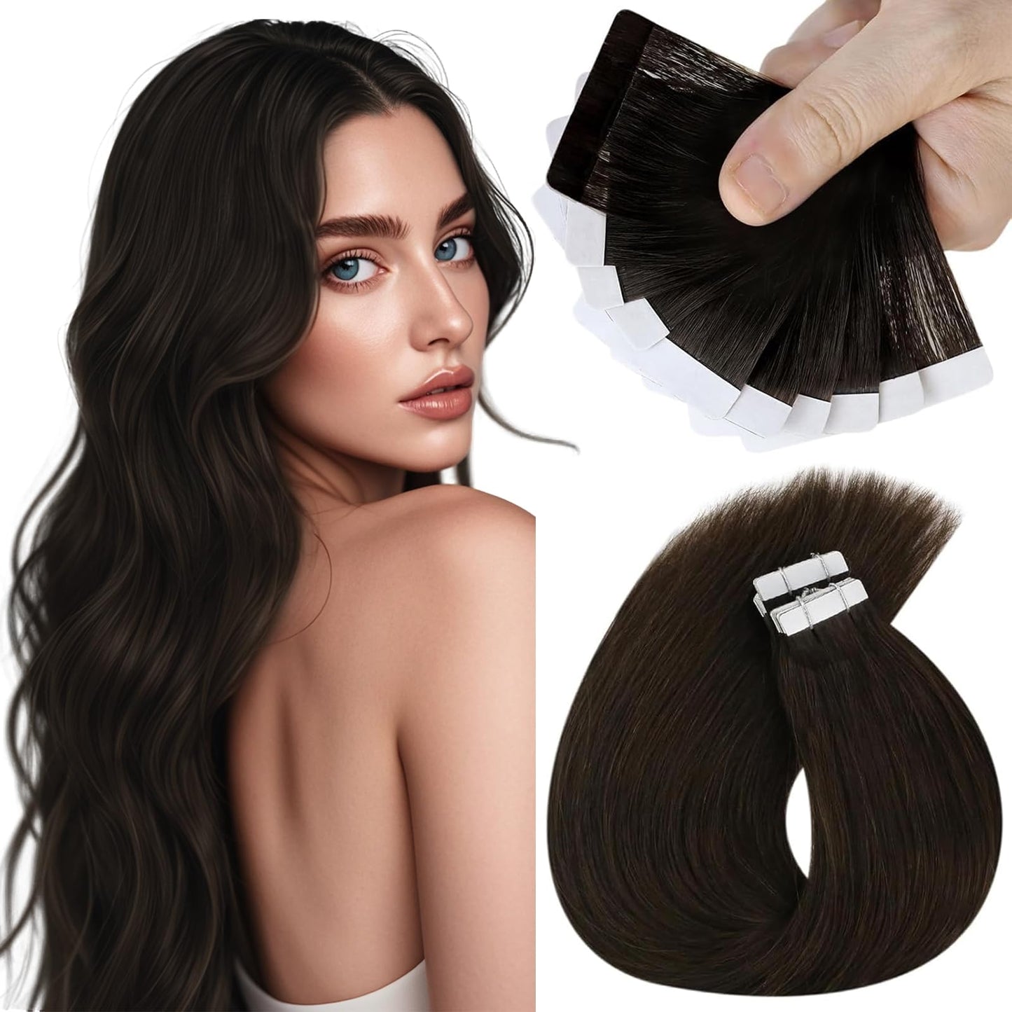 Sunny Hair Tape in Hair Extensions Real Human Hair Invisible Remy Hair Extensions Tape ins for Women Darkest Brown 24 inch 25G