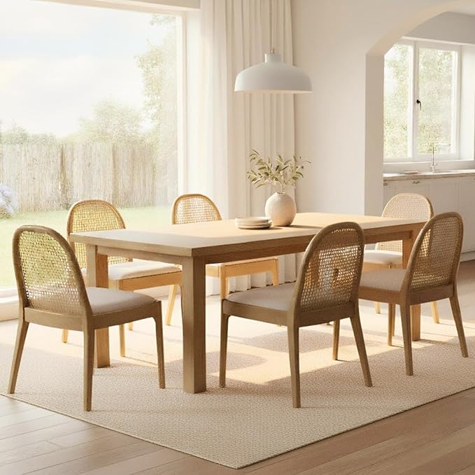 HEAH-YO Rattan Dining Chairs Set of 6, Upholstered Linen Dining Room Chairs with Backrests, Modern Kitchen Chairs with Wood Legs for Dining Room, Beige